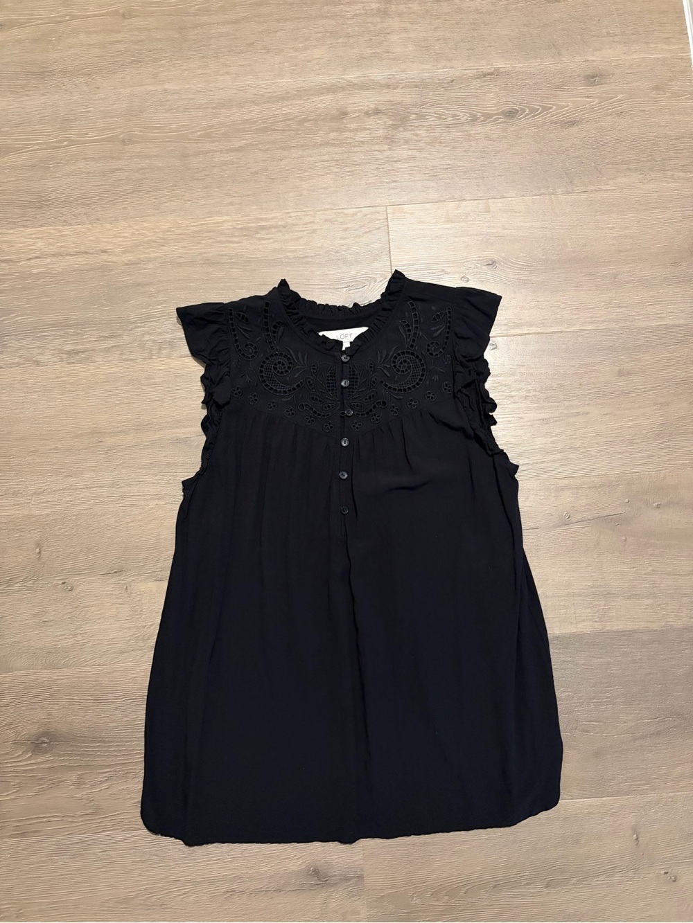 LOFT Black Eyelet Ruffle Sleeve Blouse